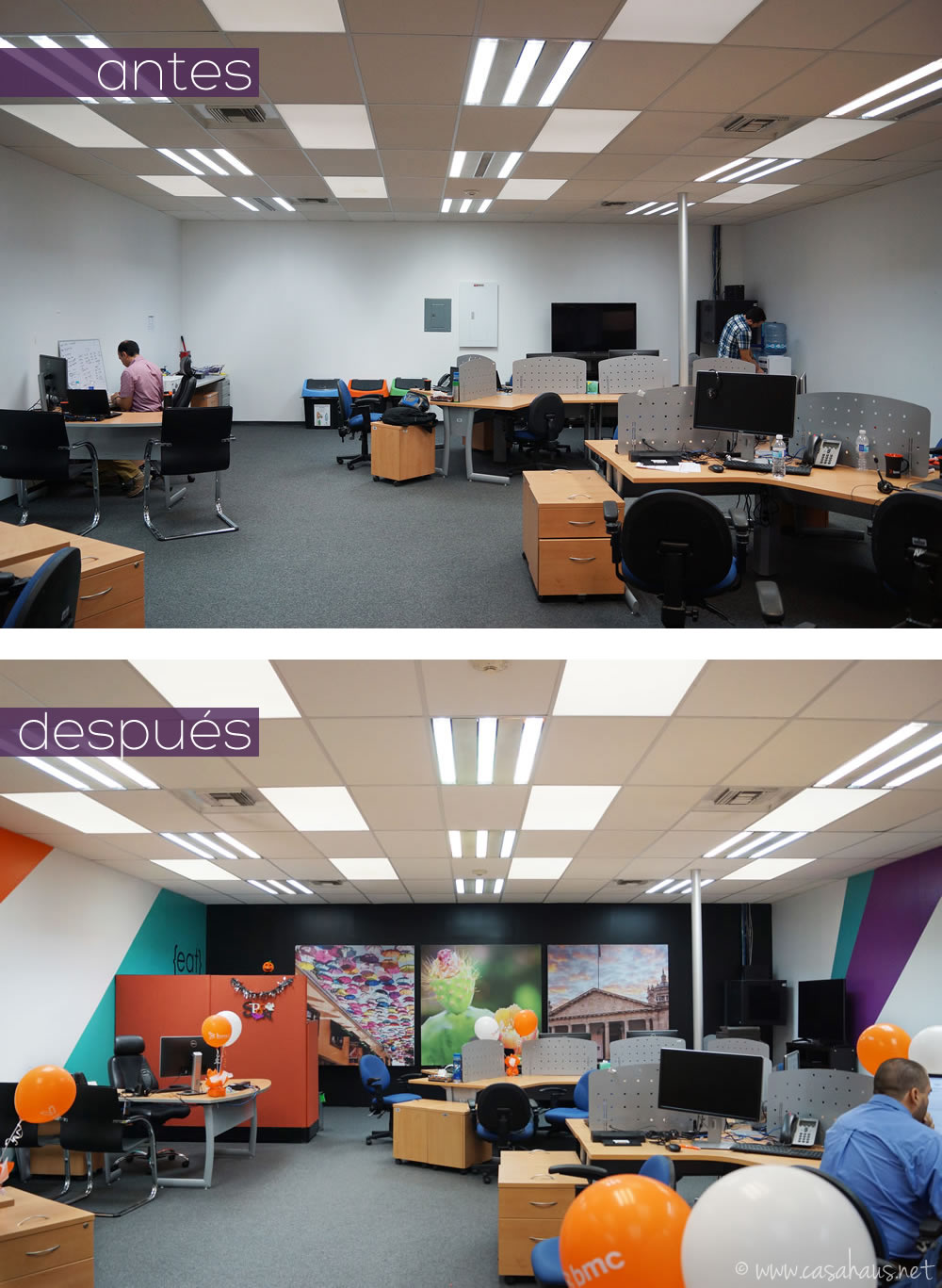 BMC Software corporate office design (paint and decal only makeover) / Transformación de oficinas con sólo pintura y viniles por Casa Haus Deco