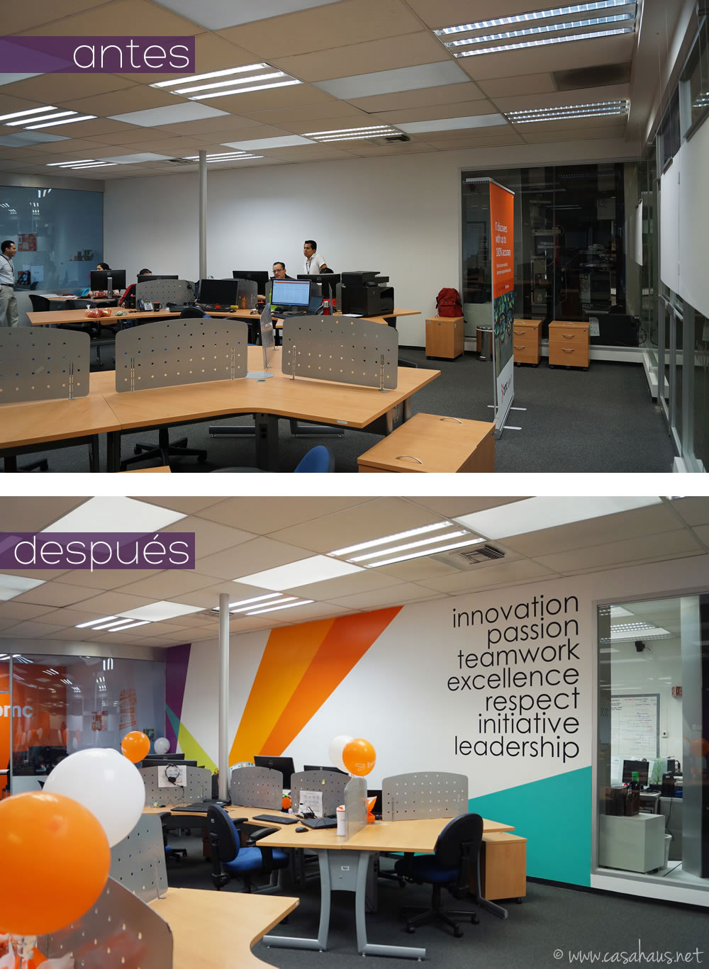 BMC Software corporate office design (paint and decal only makeover) / Transformación de oficinas con sólo pintura y viniles por Casa Haus Deco
