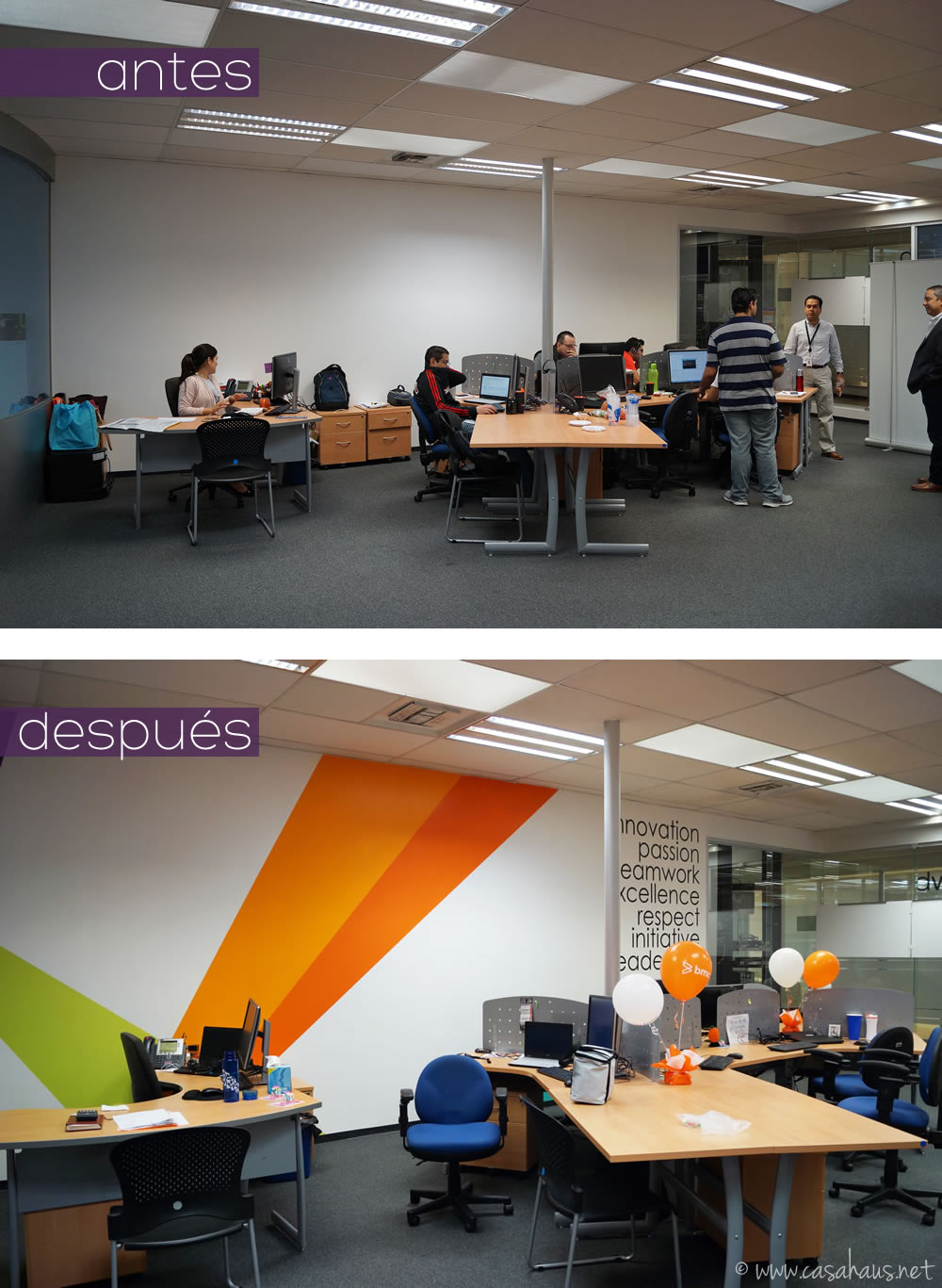 BMC Software corporate office design (paint and decal only makeover) / Transformación de oficinas con sólo pintura y viniles por Casa Haus Deco