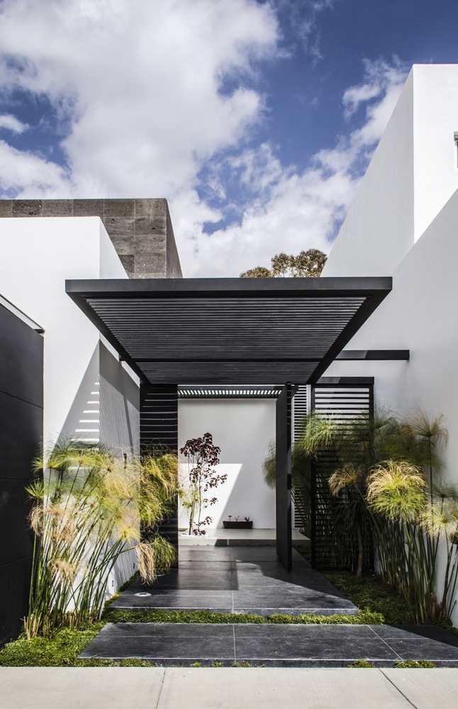 Entrada de casa contemporánea con plantas en pasillo y estructura de acero