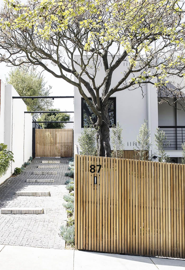 Entrada de casa moderna con madera y árbol