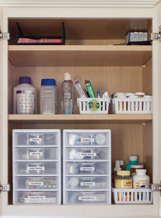 7 días para ordenar tu casa fácil y rápido Interior de closet con medicinas ordenadas dentro de cajones de plastico